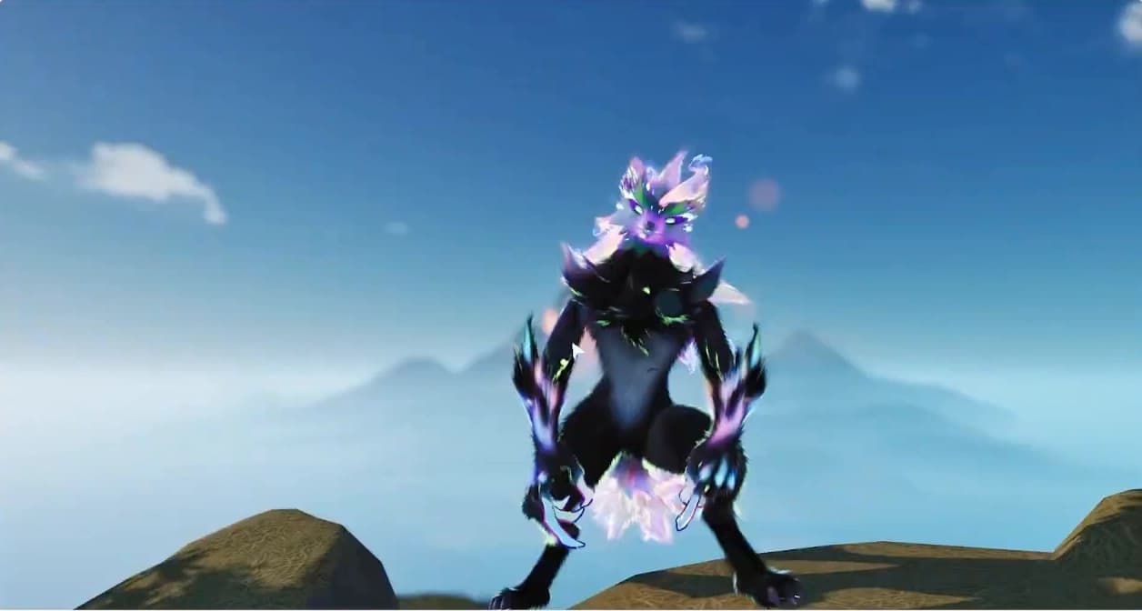 Prismana Blazen photographed in photo mode on the plateau east of Blitzwood, its fur shifting between violet and mint