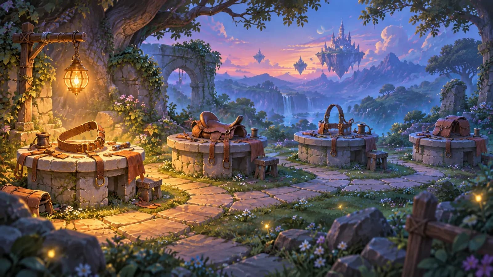 Four stone workbenches in a clearing at dusk joined by one worn path, each holding unfinished tack, with a lamp lit over the first