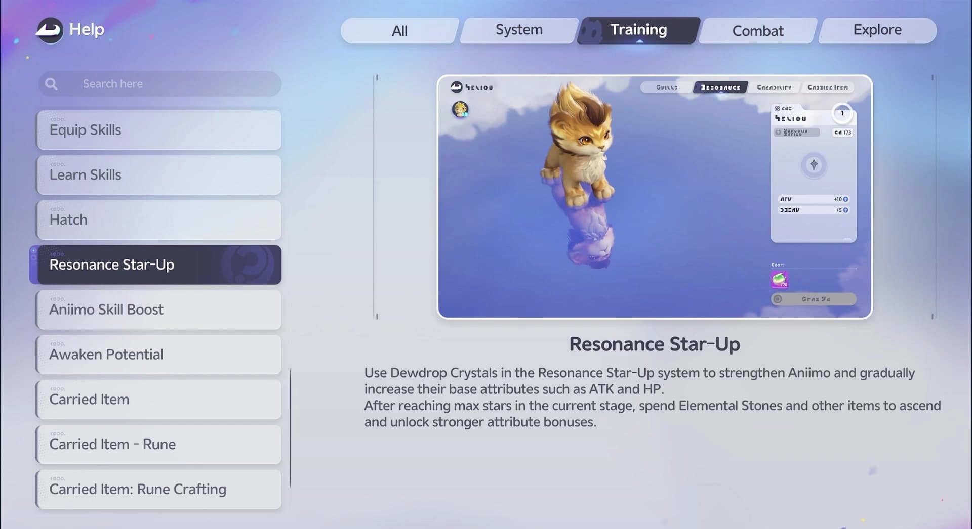 Training Help page explaining that Dewdrop Crystals fill Resonance stars before an elemental-material stage ascent