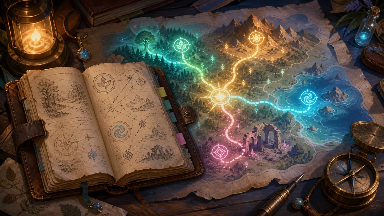 Open pathfinder field journal beside a luminous regional map with branching trails leading to a forest, mountains, coast and ancient ruins