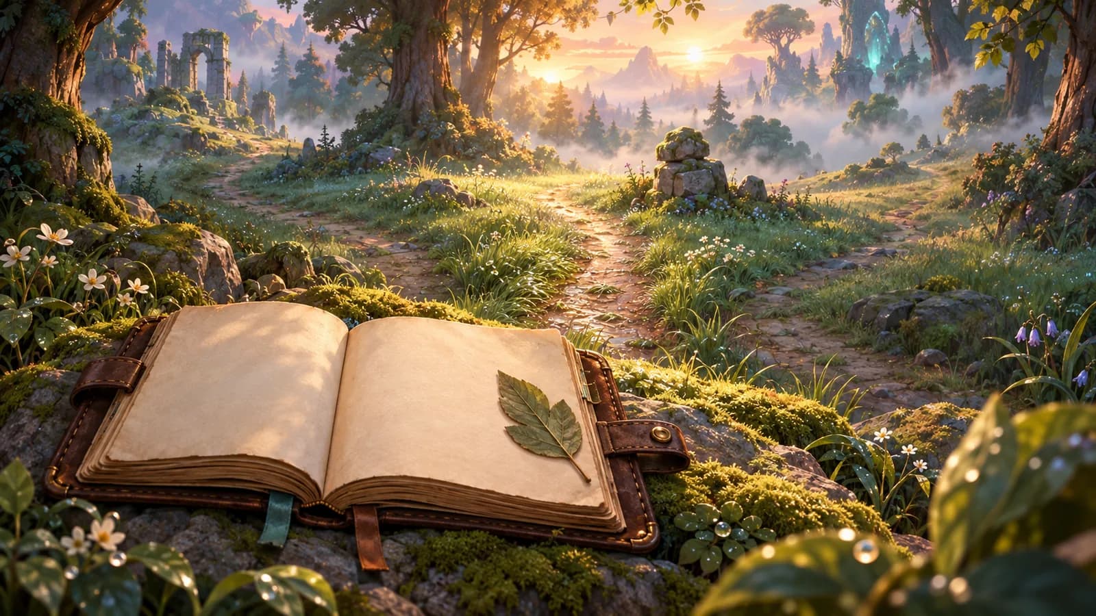 An open field journal on a mossy rock with a pressed leaf marking its last page and three faint trails leaving the clearing