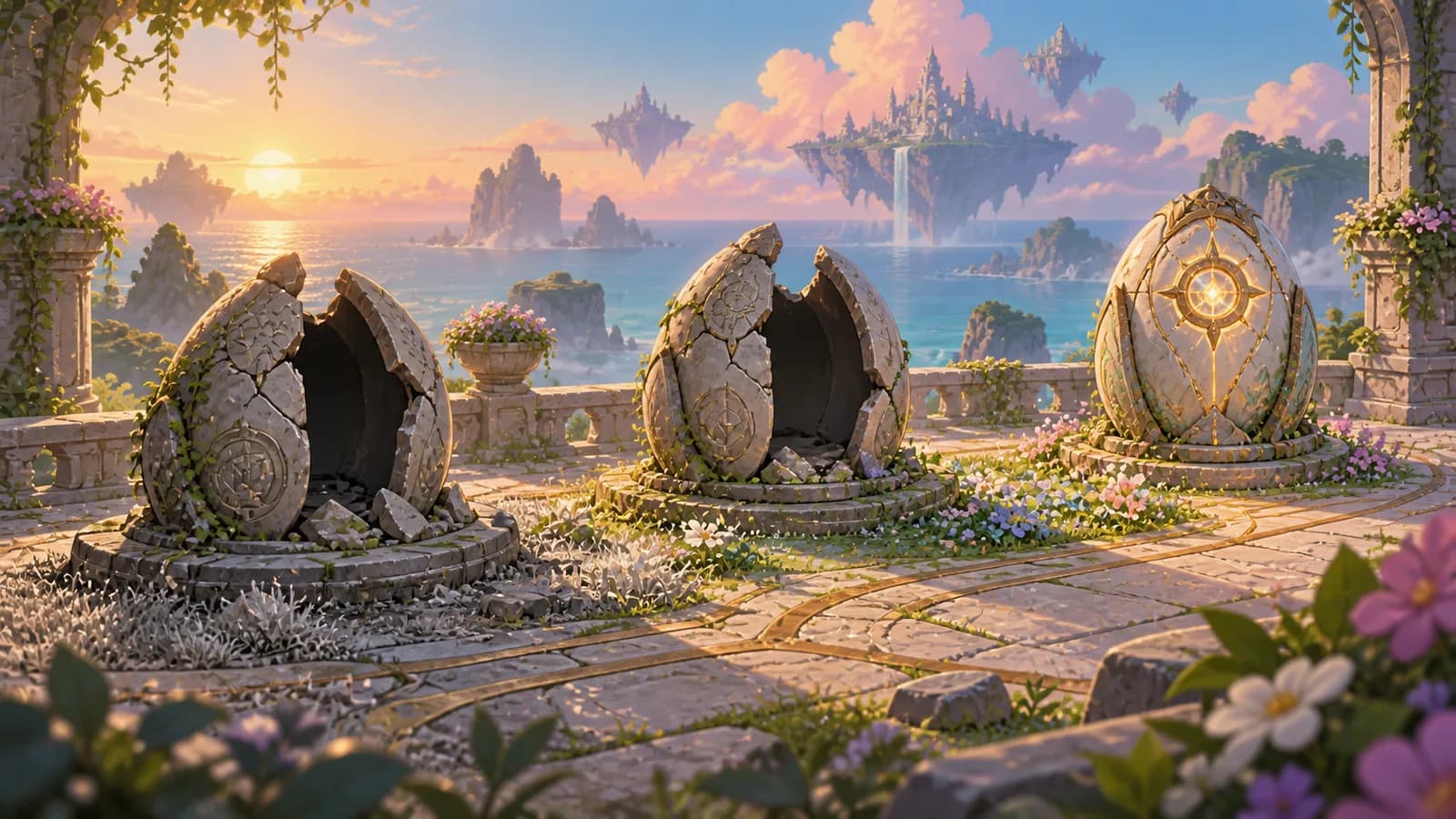 A coastal terrace at dawn with three tall stone mechanisms in a line, two cracked open and one still sealed, and colour returning along the ground between them