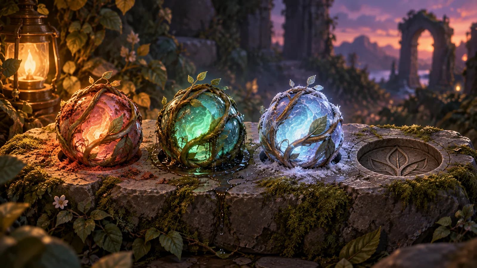 Three vine cores on a flat mossy stone at dusk, one gritty, one wet and one pale, beside a fourth empty hollow
