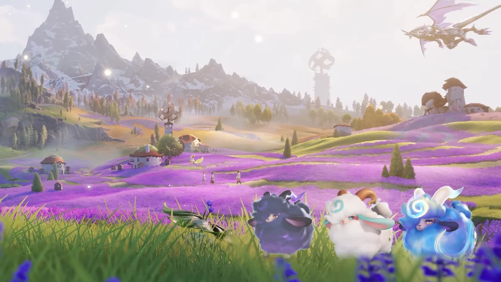 Turbo standing three times in a lavender plain, in its Rainstorm Form, its basic form and its Prismana Form