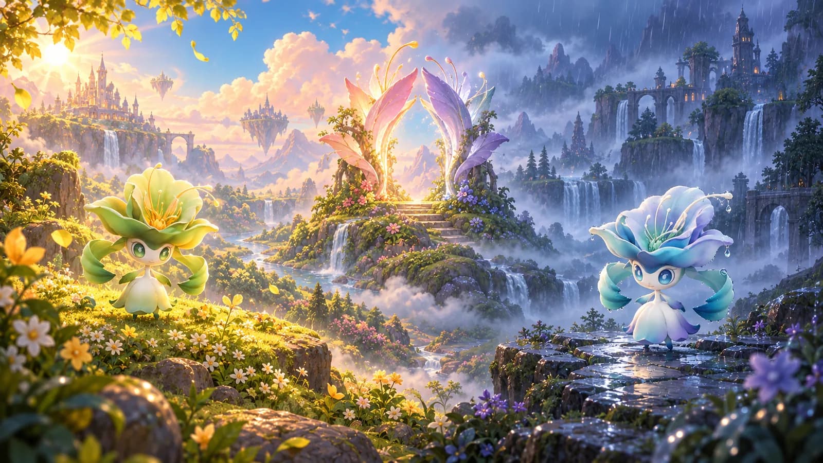 A valley split between a sunlit terrace and a rain shadow, with the same small creature standing on each side in different colouring
