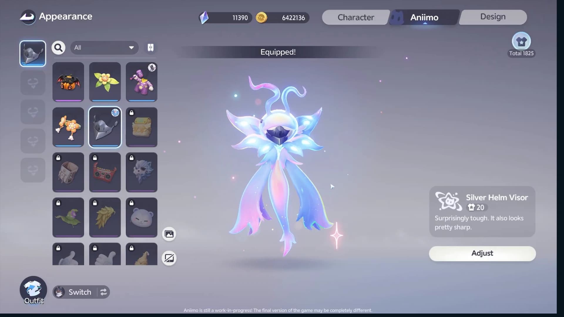 Malevsera wearing a Silver Helm Visor in the Appearance menu, with the Adjust control visible