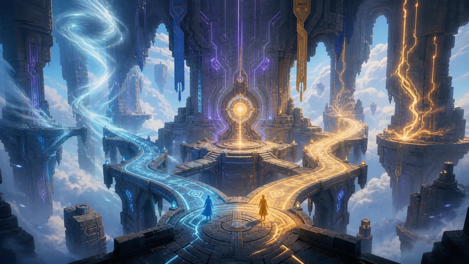 Original fantasy illustration of lightning circuits and blue wind routes crossing a floating stone Sanctum