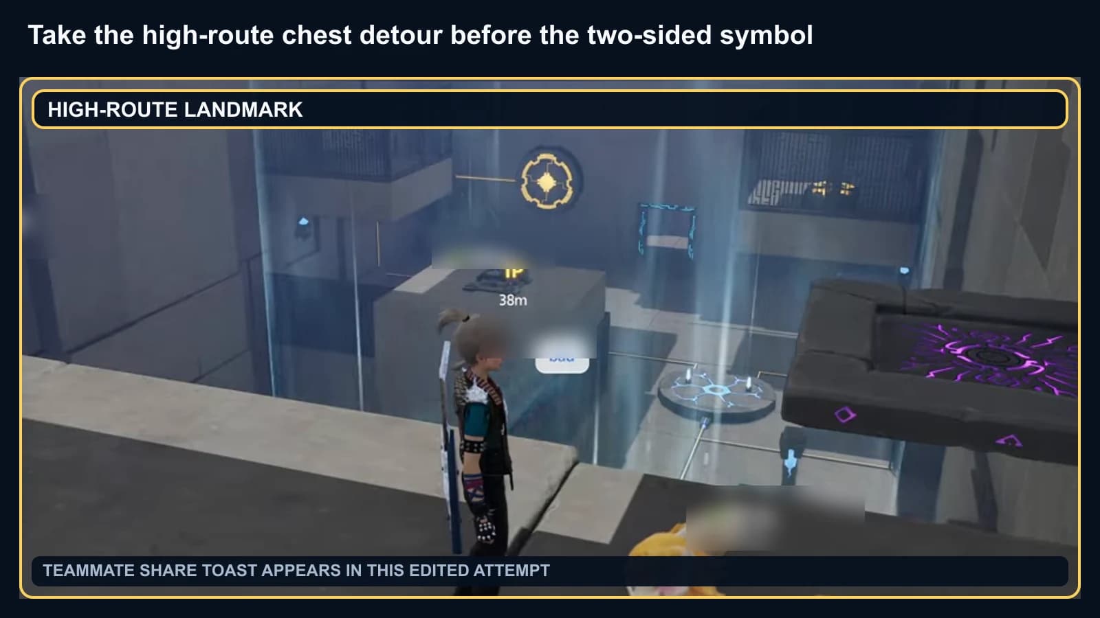 View across the high Wind-route chest landmark with a teammate-share toast and player identifiers masked
