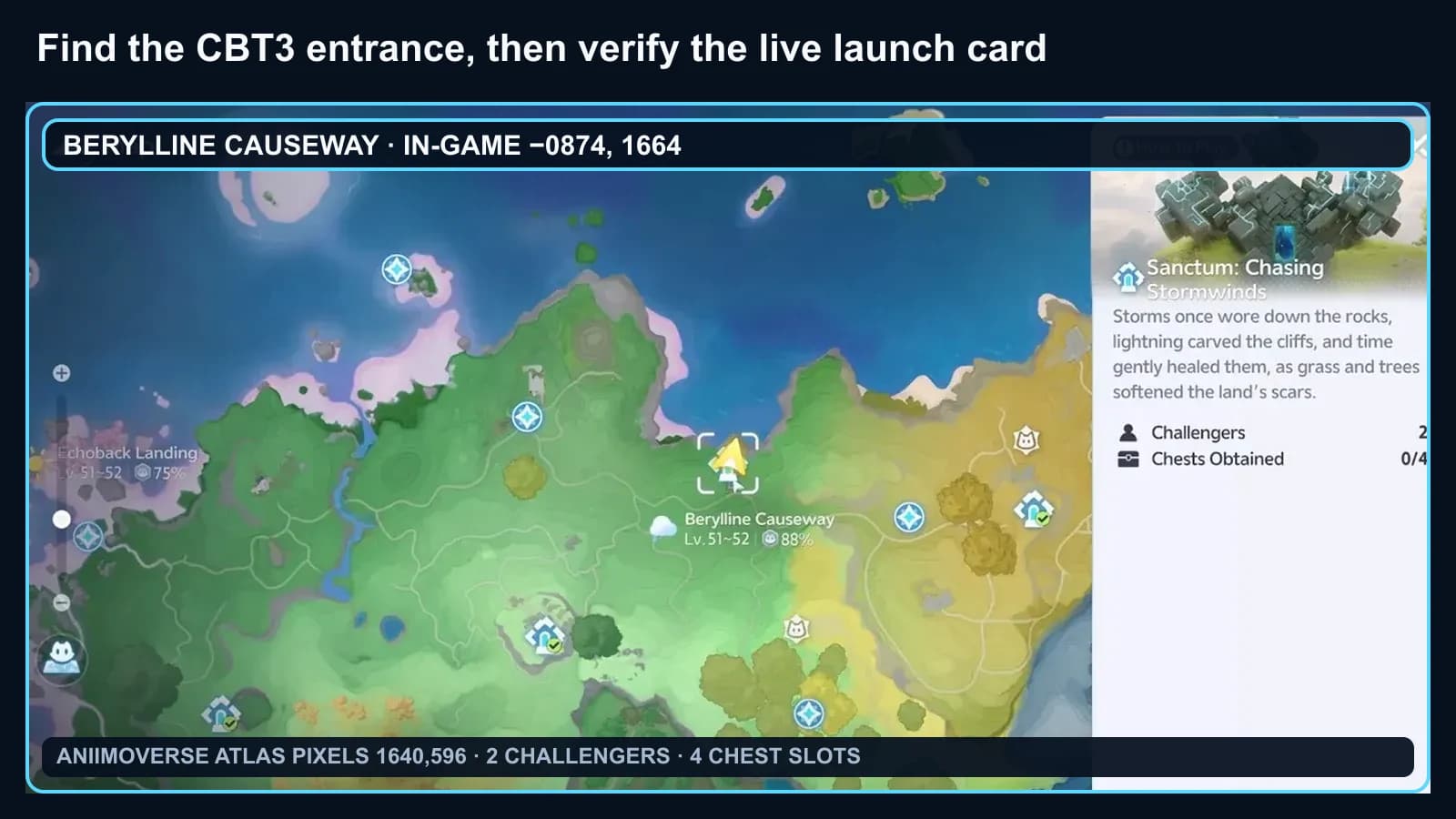 AniimoVerse map card for Chasing Stormwinds showing the Berylline Causeway location, the two-player requirement, four chest slots and the atlas marker at 1640, 596