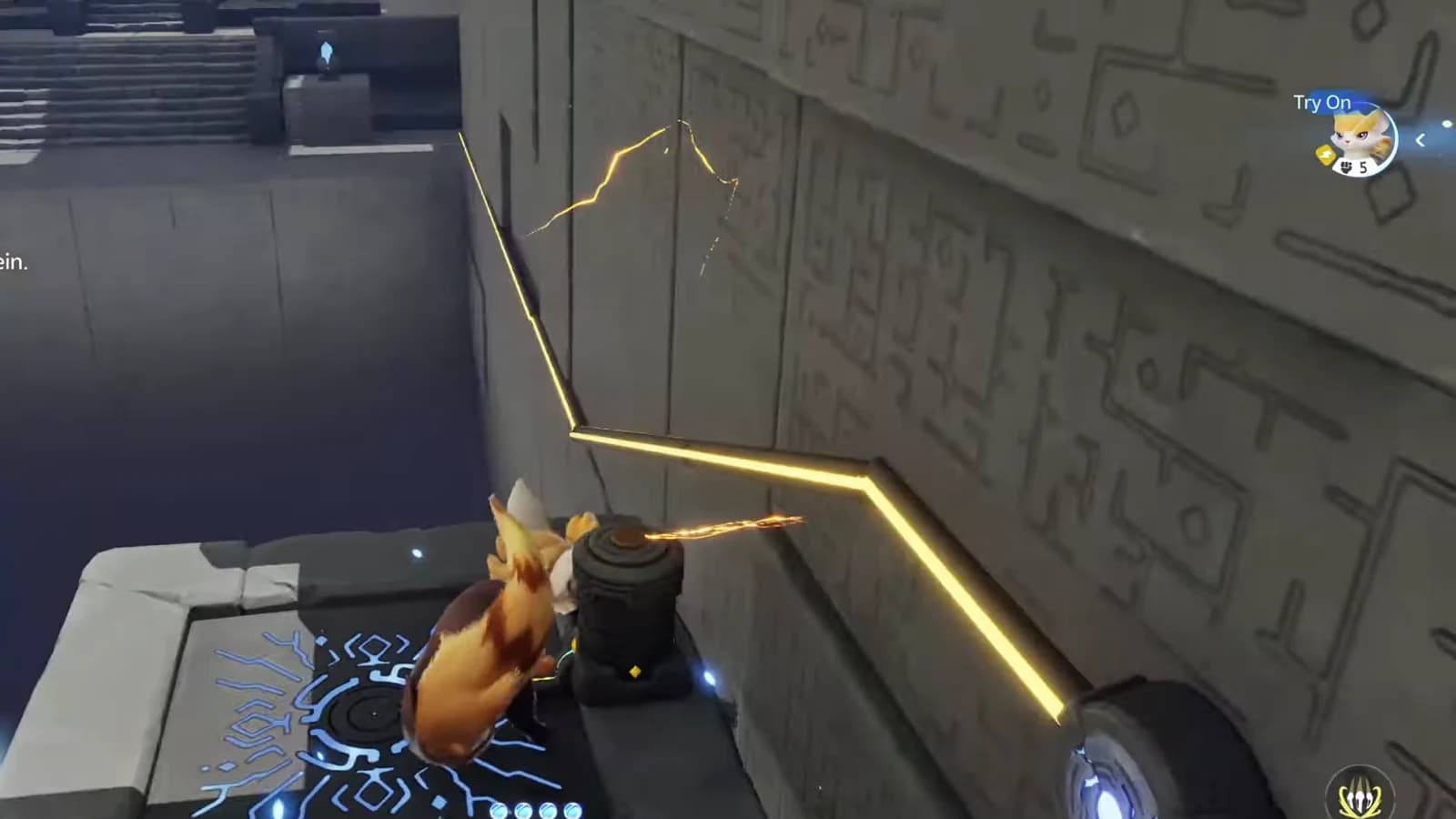 Bolty beside the final short cylindrical conductor while the fixed wall feed glows gold