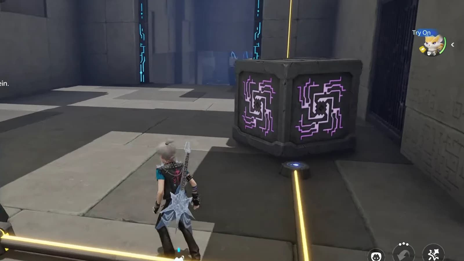 Large maze-faced cube seated over the later blue node beside an open cyan-trimmed doorway