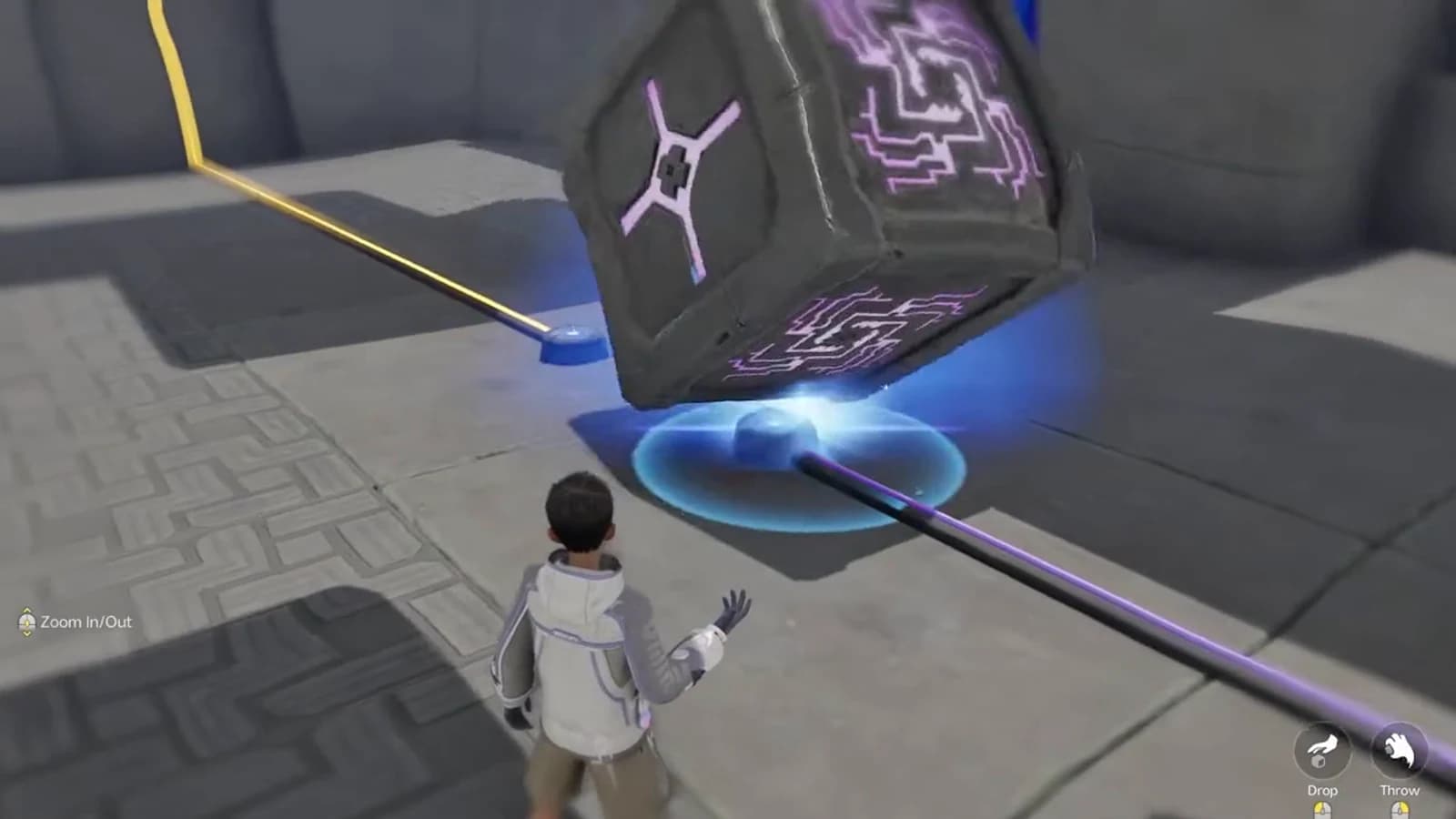 Maze-faced cube held directly over the opening blue floor node