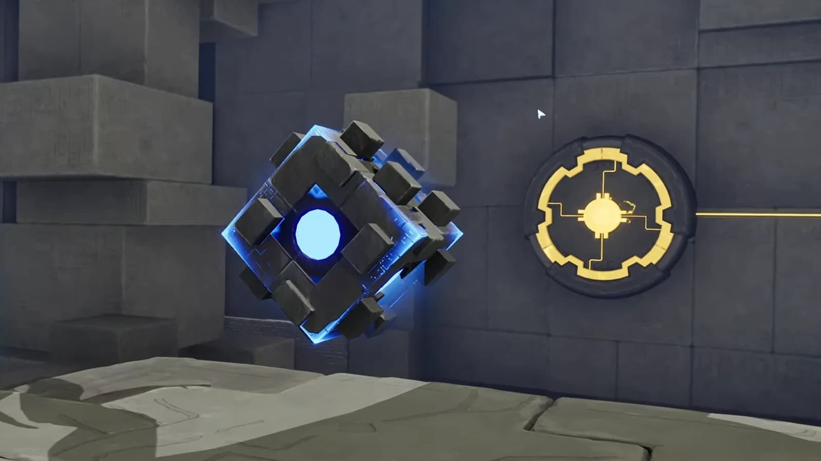 Suspended square Sanctum Terminus glowing blue beside the completed gold wall circuit