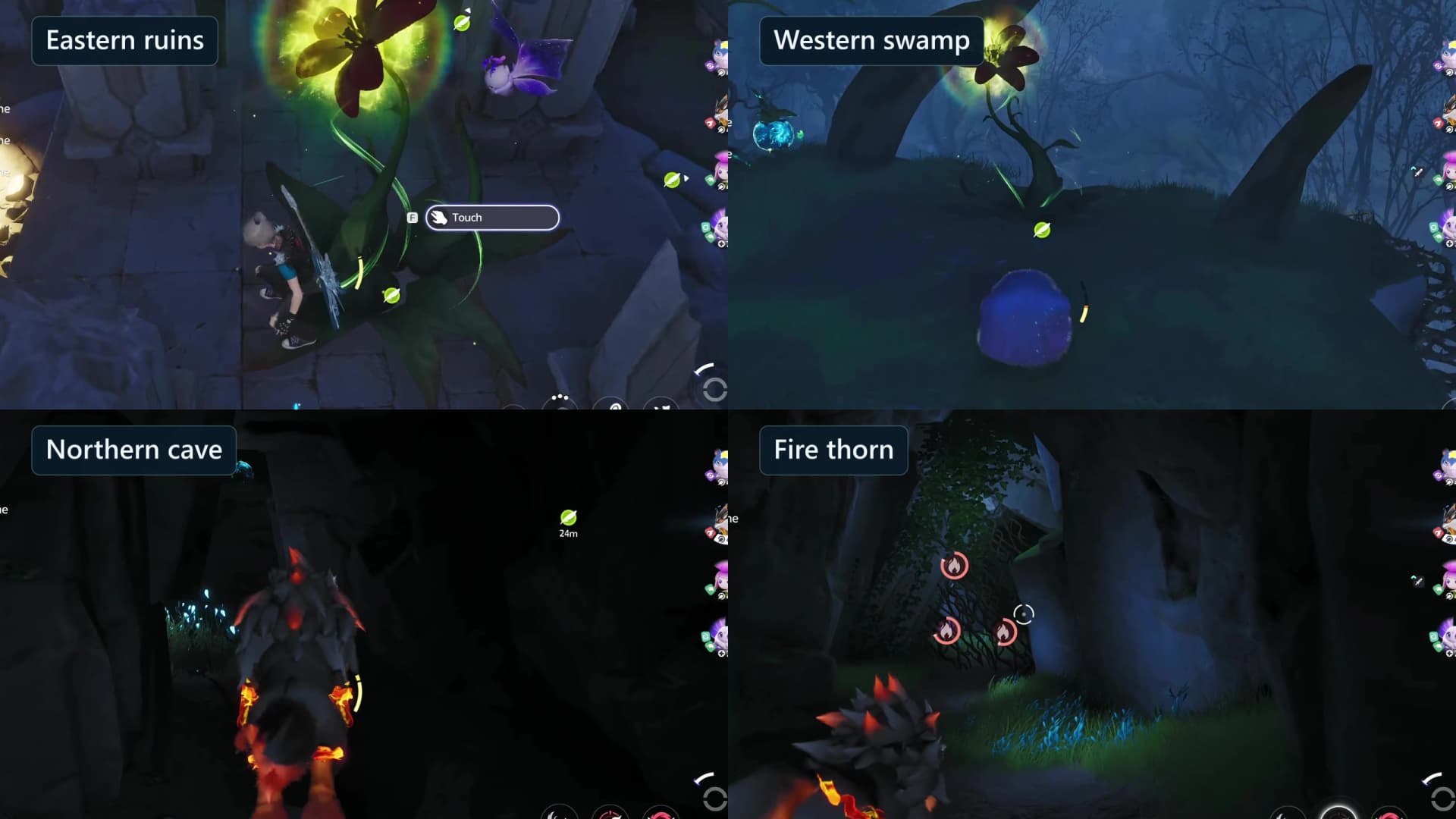 Four-panel Binding Oath route showing the eastern ruins, western swamp, northern cave and Fire thorn barrier