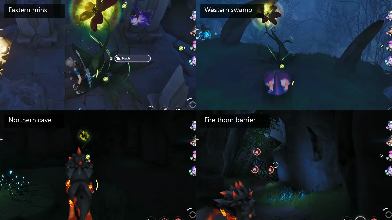 Four-panel Binding Oath route showing the eastern ruins, western swamp, northern cave and Fire thorn barrier