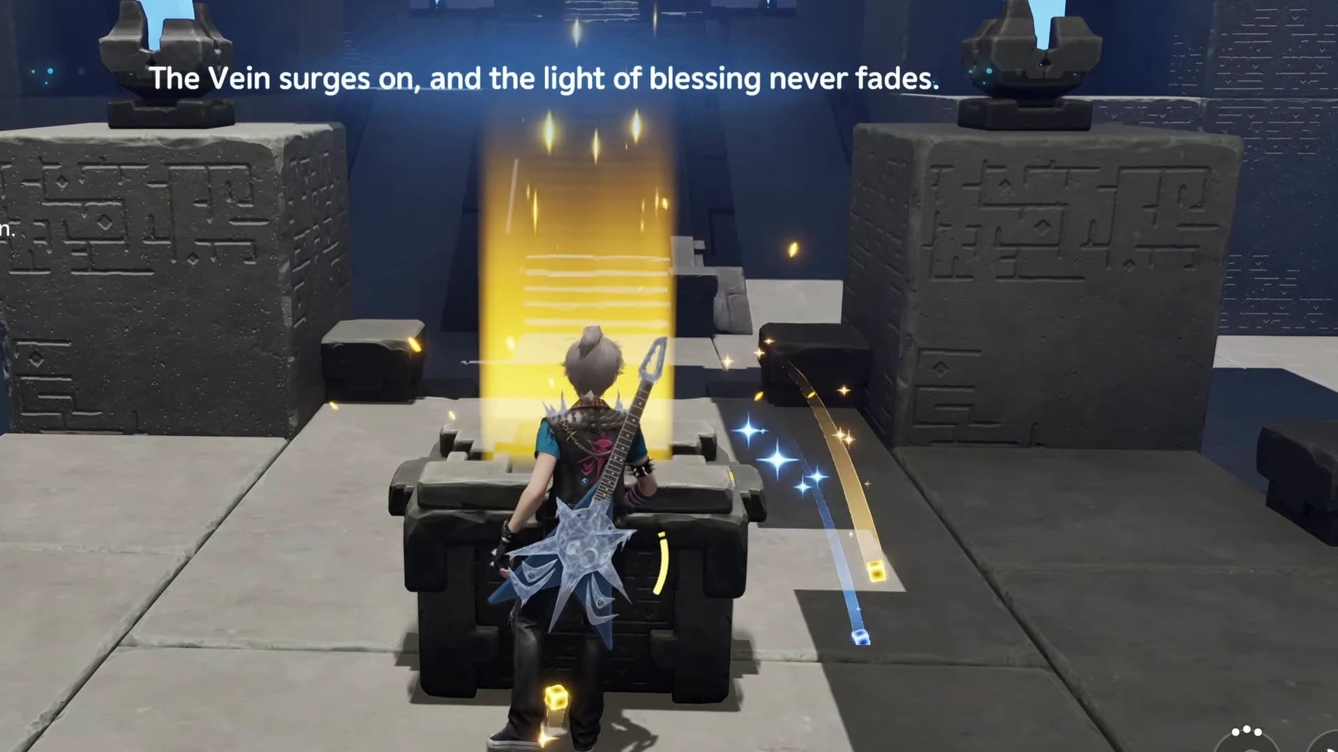 Player opening the central Twisted Roots chest as its gold opening effect appears