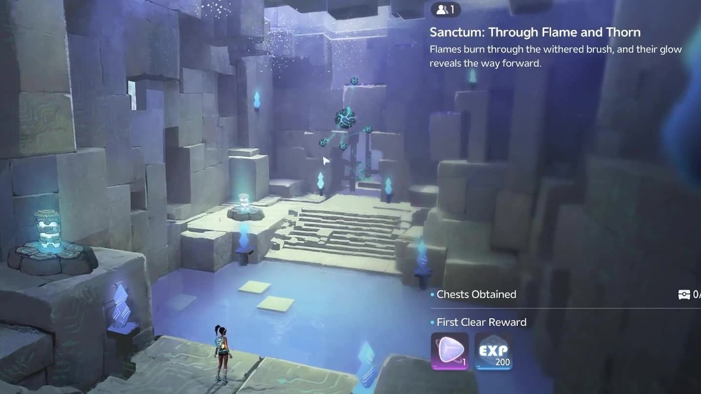 Twisted Roots entrance card above the blue-lit chamber and first-clear reward icons