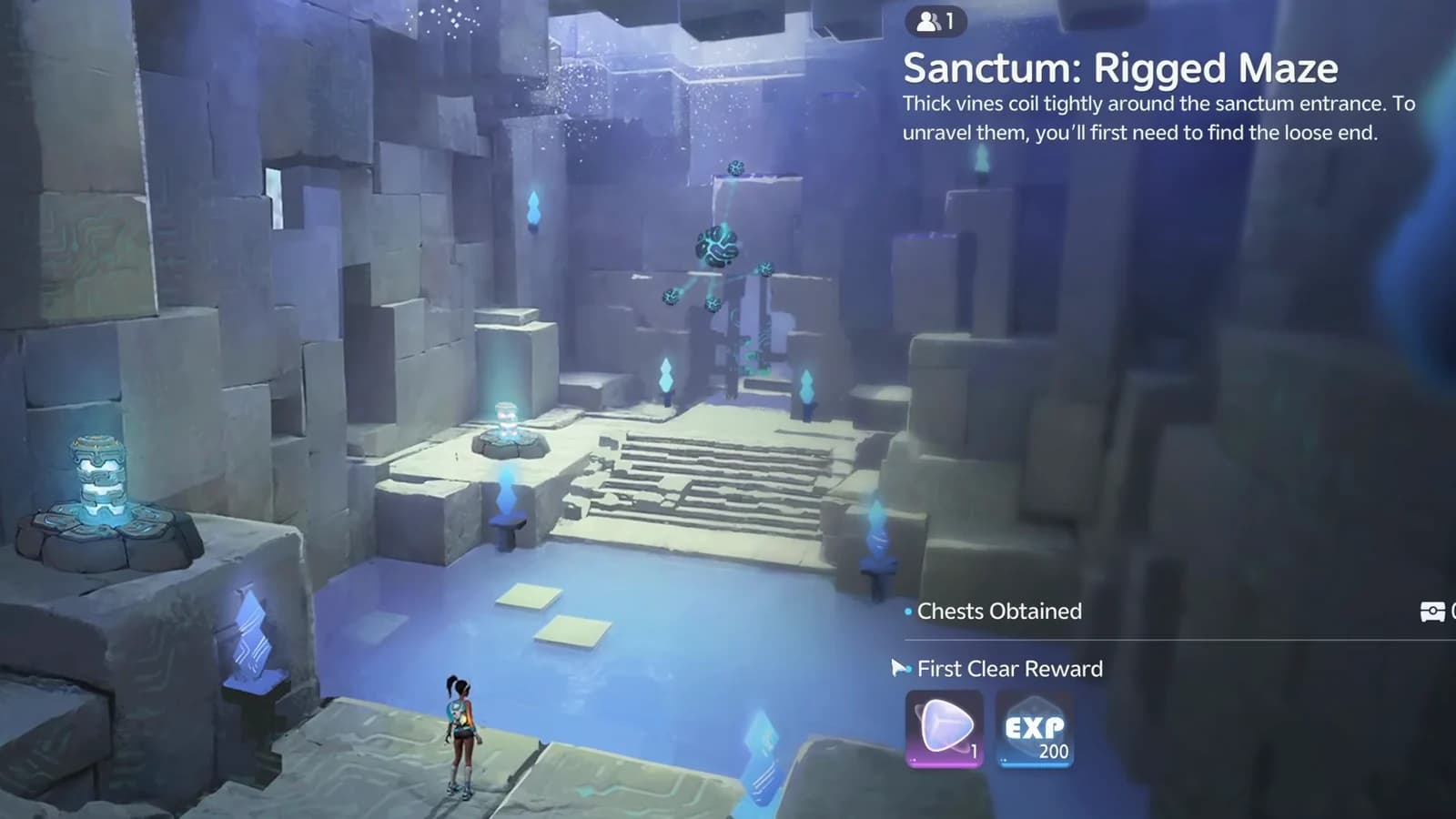 Rigged Maze entrance card above the blue-lit chamber and first-clear reward icons