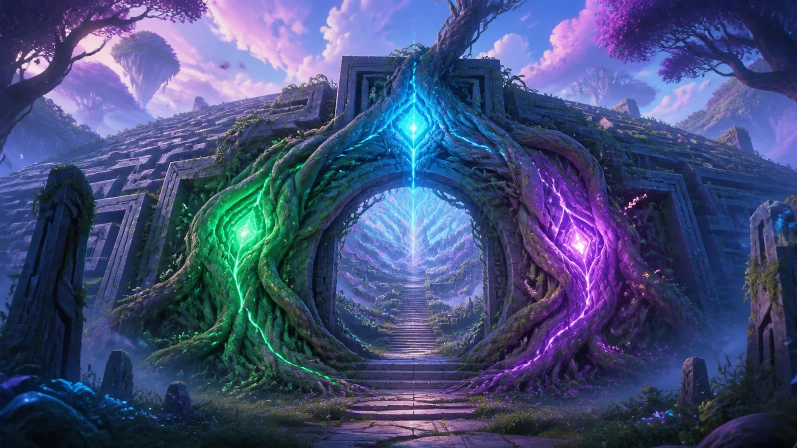 Ancient root-wrapped Sanctum arch with three luminous Vine Cores surrounding a straight stone route