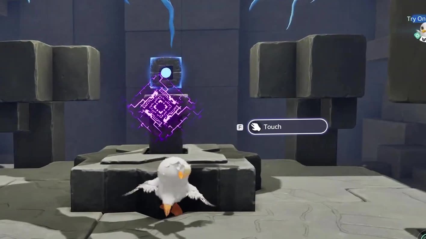 Purple square Twisted Roots Terminus with the Touch interaction prompt
