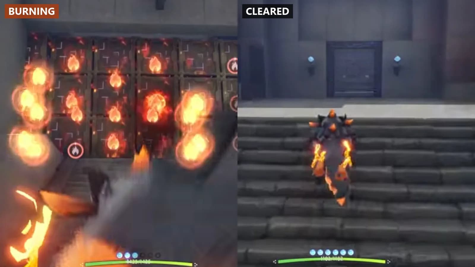 Burnable wall while the fire is active beside the same route after the obstruction disappears
