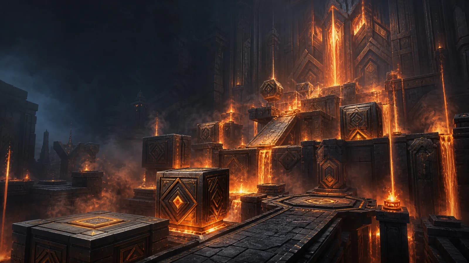 Original lava-lit ancient terraces rising around movable carved stone cubes