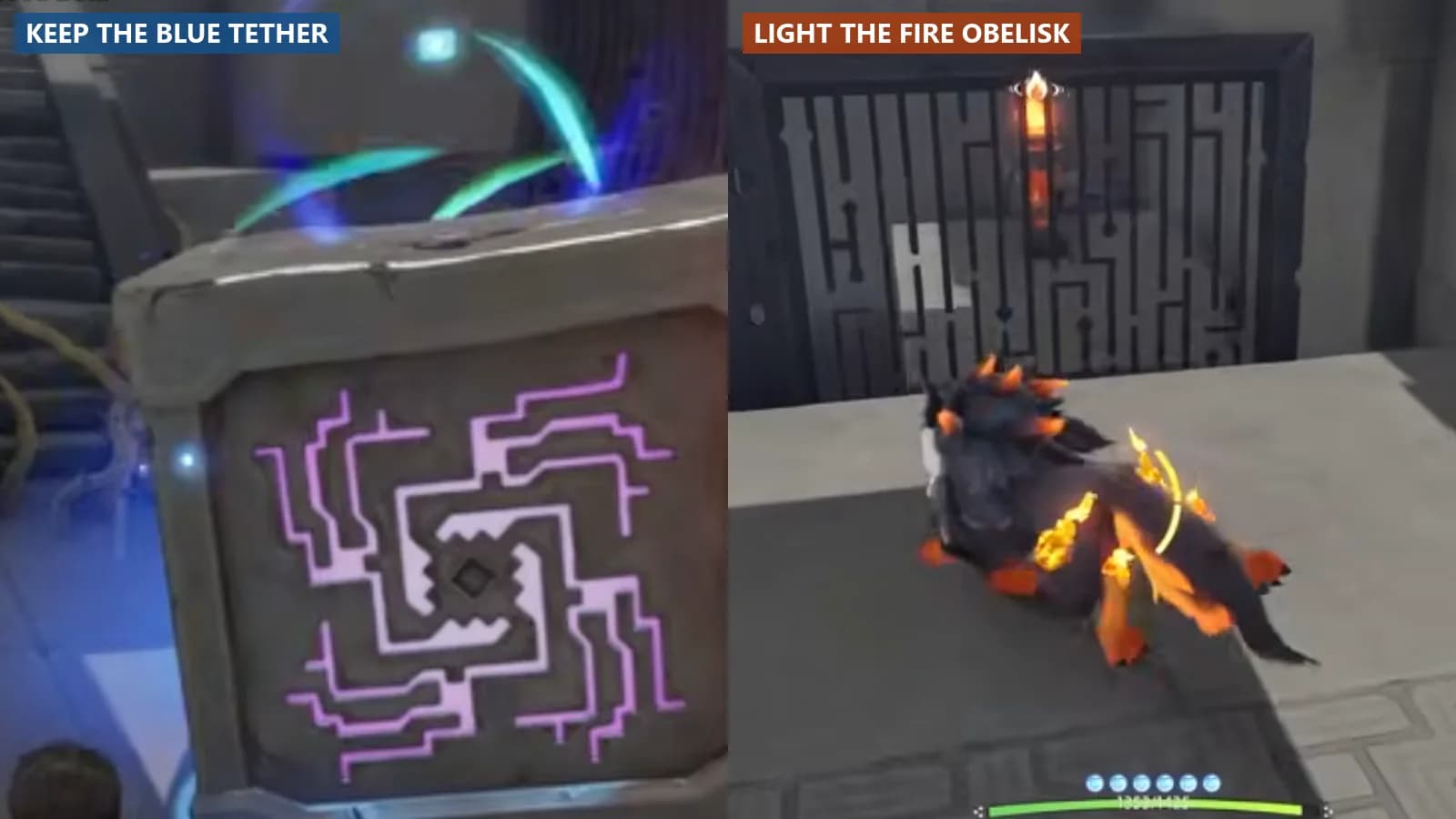 Wayfarer holding a maze cube with the blue Manipulate tether beside the first directly ignited Fire obelisk