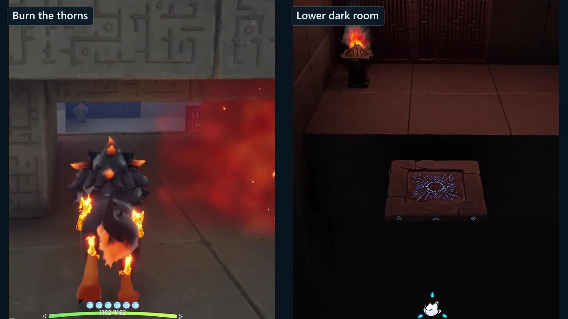 Burning vine screen beside the dark room’s square glyph platform and its already-burning entrance bonfire