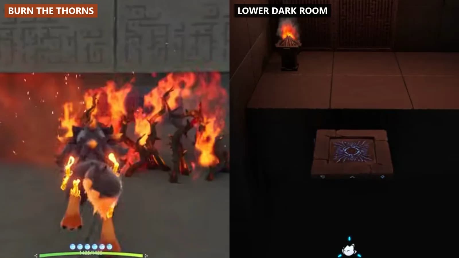 Burning thorn barrier beside the lower dark room square glyph platform and already-burning pedestal