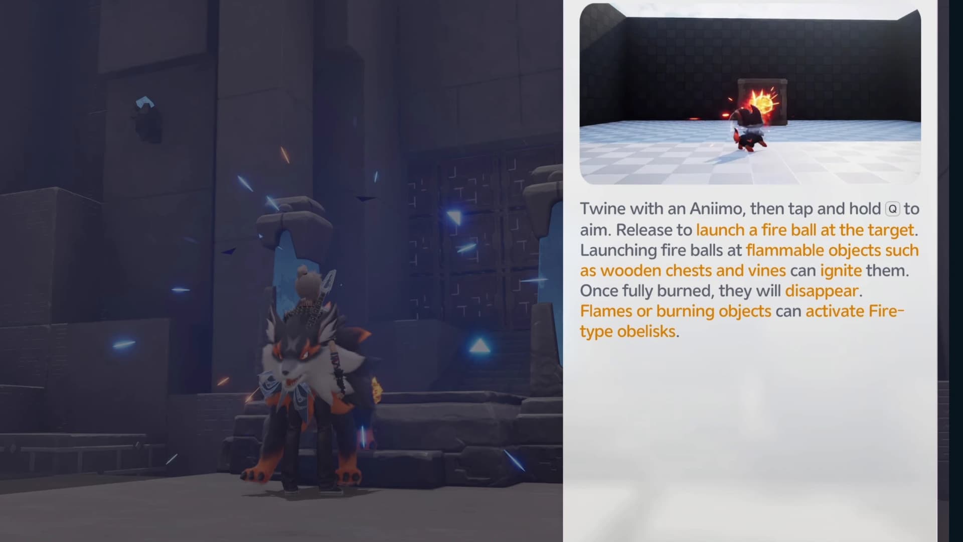 Tutorial explaining how to aim and launch the Flameruff fire ball at flammable objects and Fire obelisks