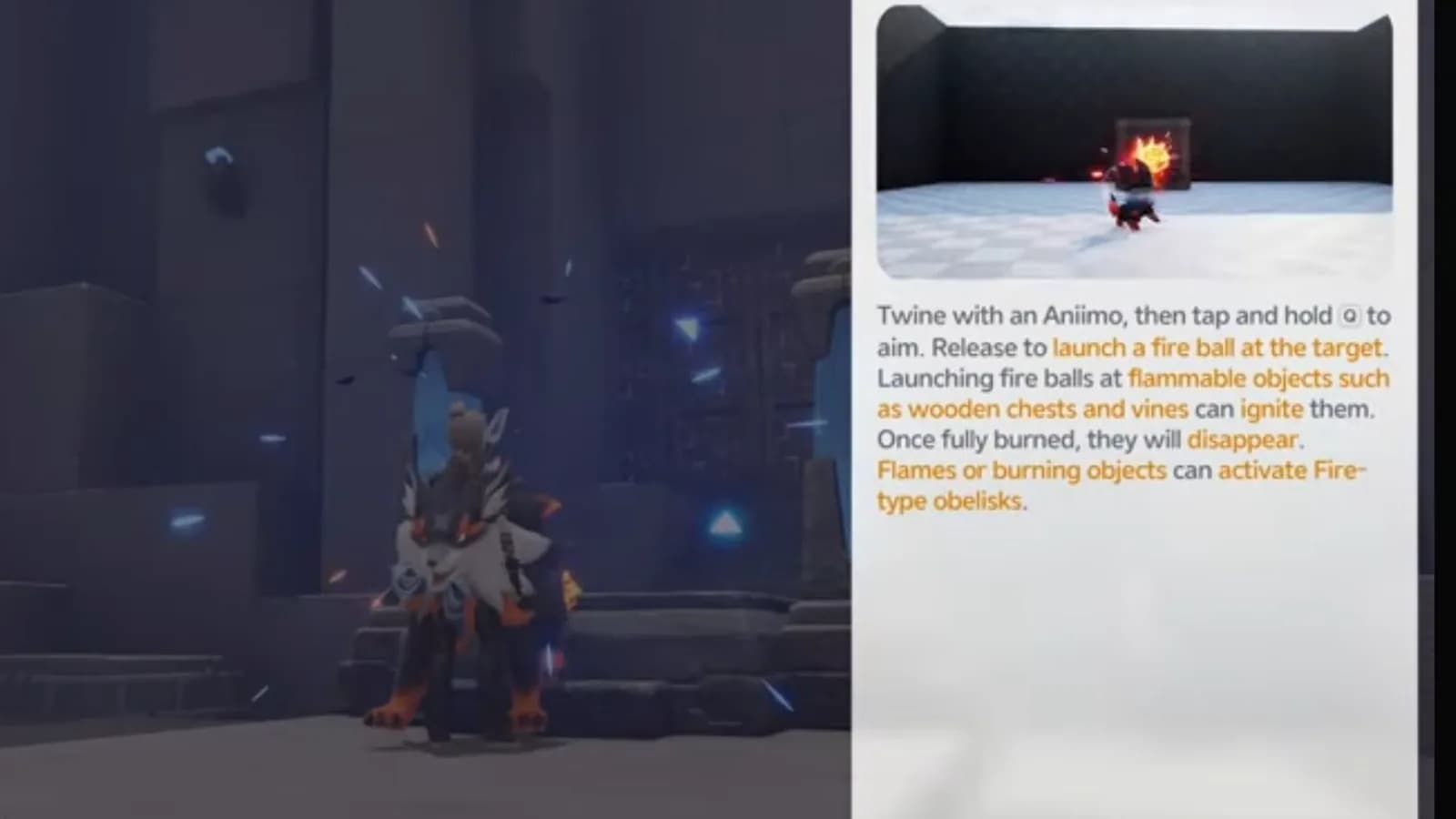 Tutorial explaining how to aim and launch the trial Aniimo fire ball at flammable objects and Fire obelisks