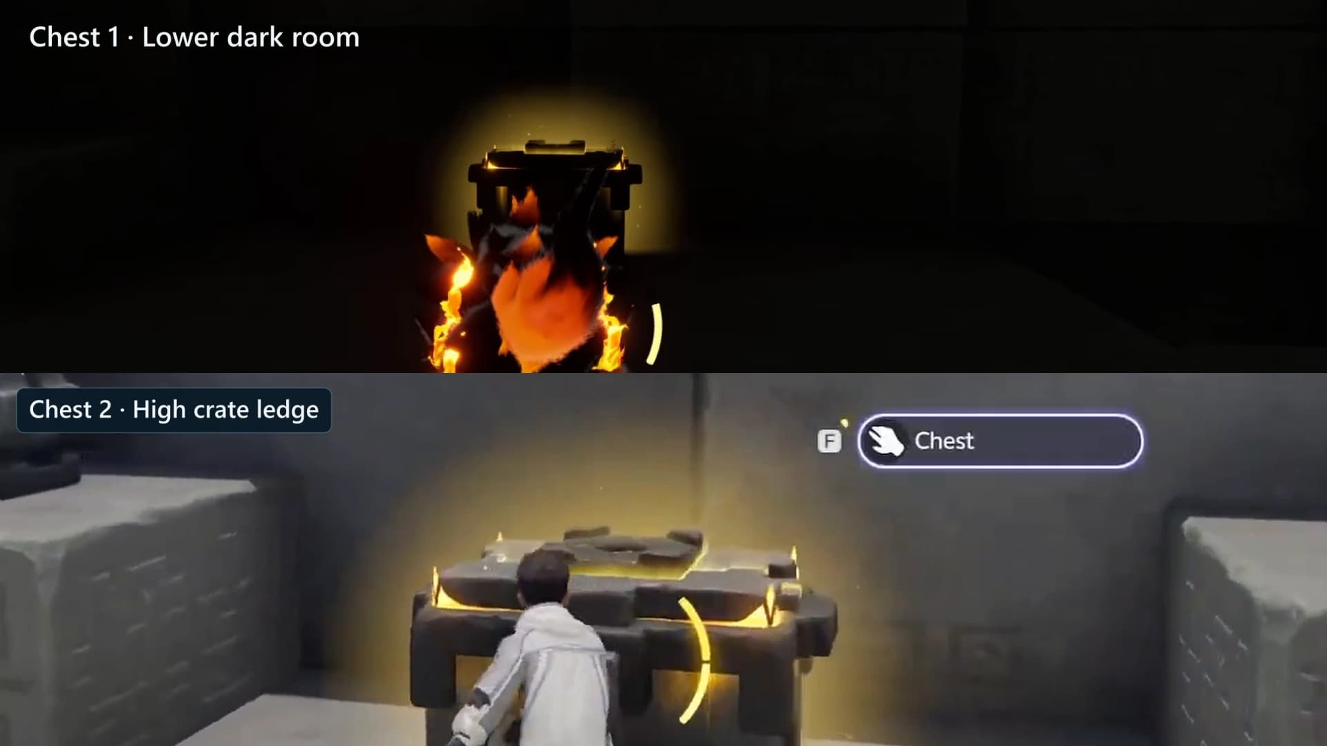 Both Rising Flames optional chests visible on their lower dark-room and upper ledge routes with the chest counter