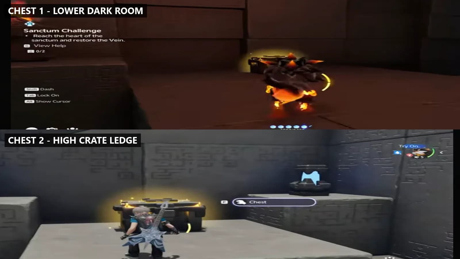 Both Rising Flames optional chests visible on their lower dark-room and upper ledge routes with the chest counter