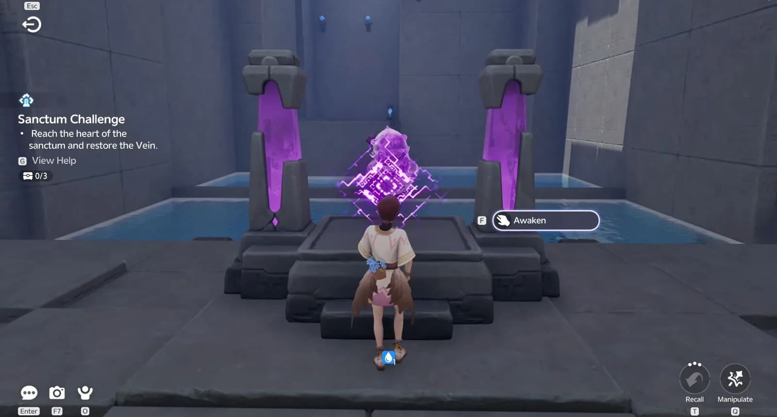 Pathfinder facing the purple trial statue with the Awaken prompt before receiving Popota
