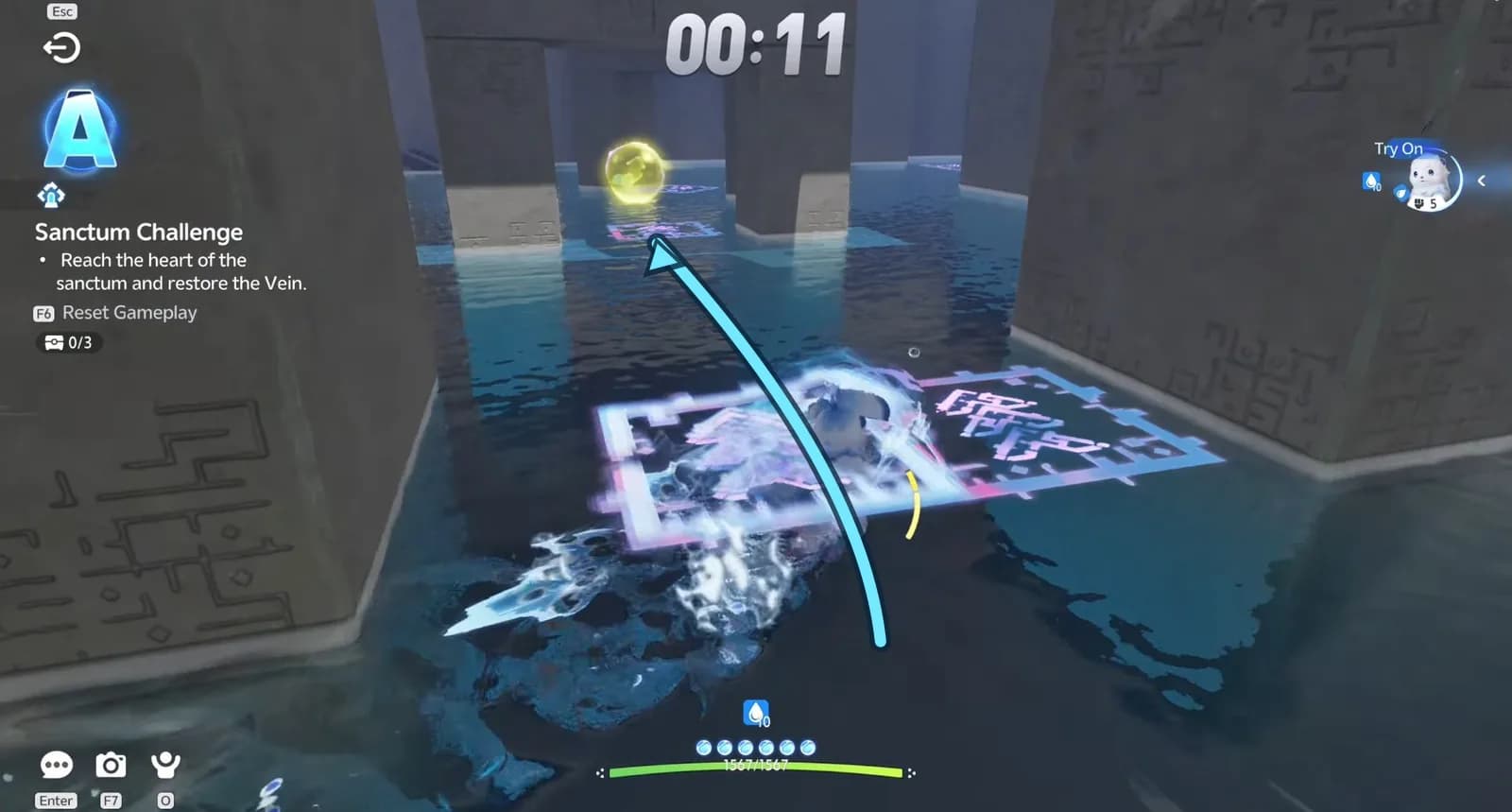 Popota surfing toward the first yellow ring between stone pillars with a cyan route arrow