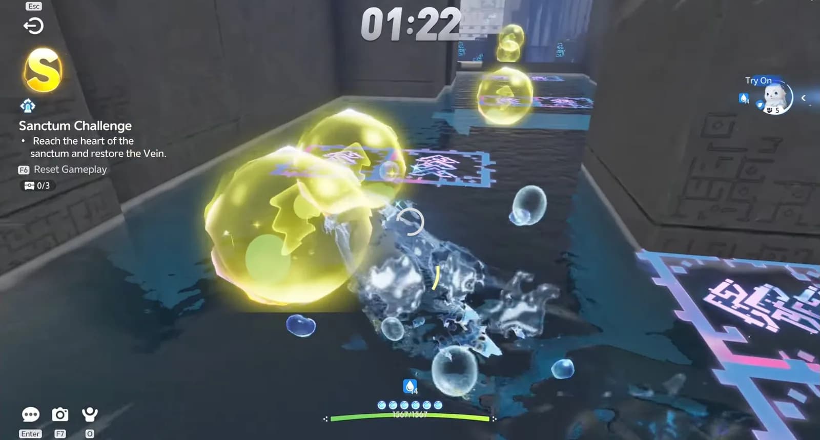 Live Rushing Rapids course HUD showing an S rank badge, elapsed timer and yellow rings