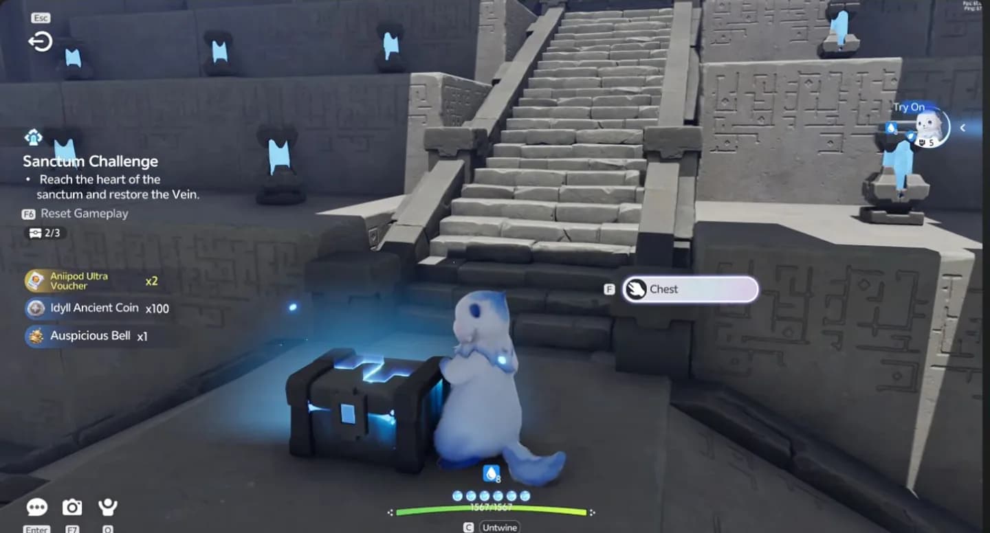 Blue third chest at the base of the broad central stairs with the counter at two of three