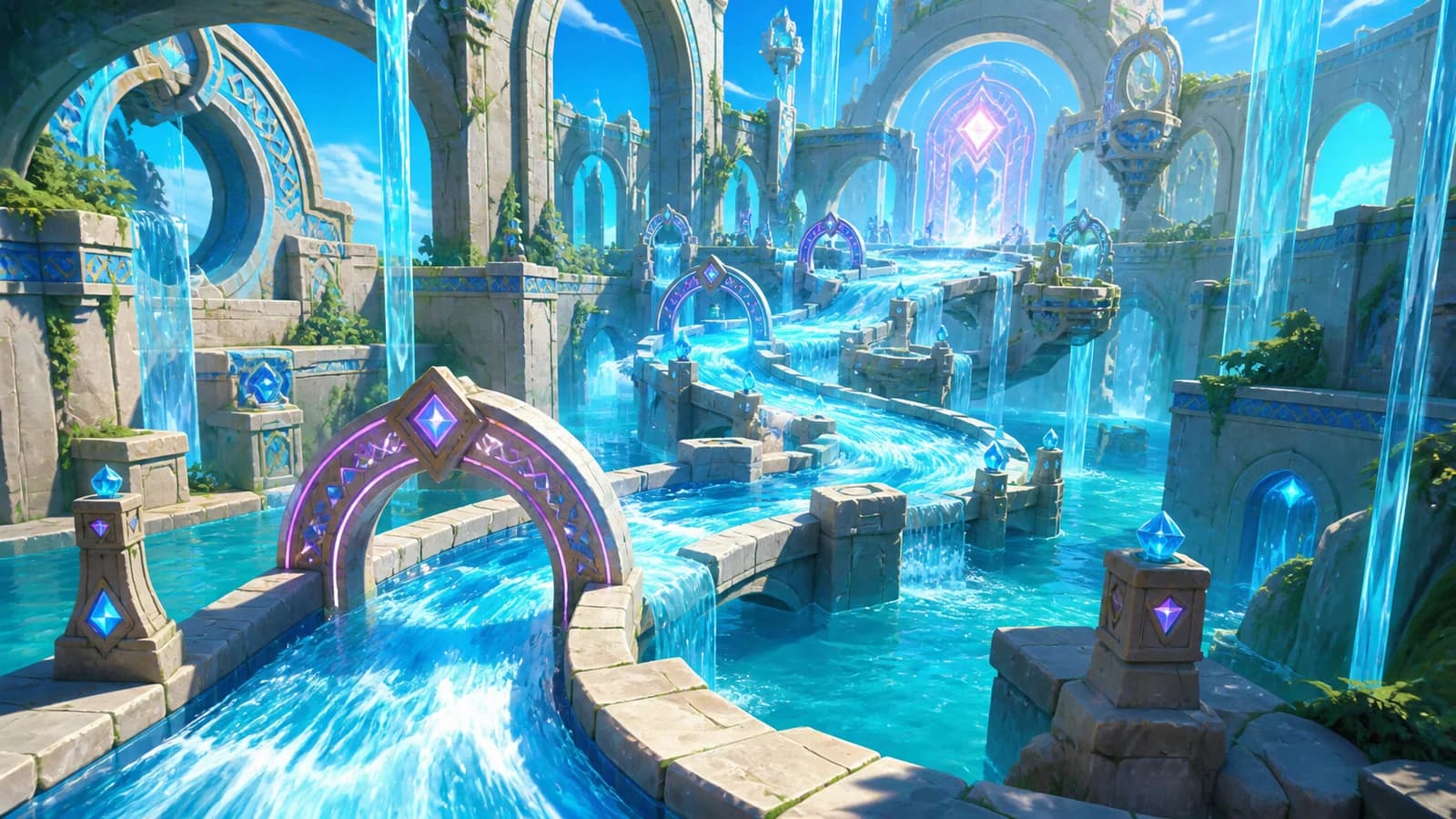 Bright water course winding through ancient stone arches and luminous blue and violet gates