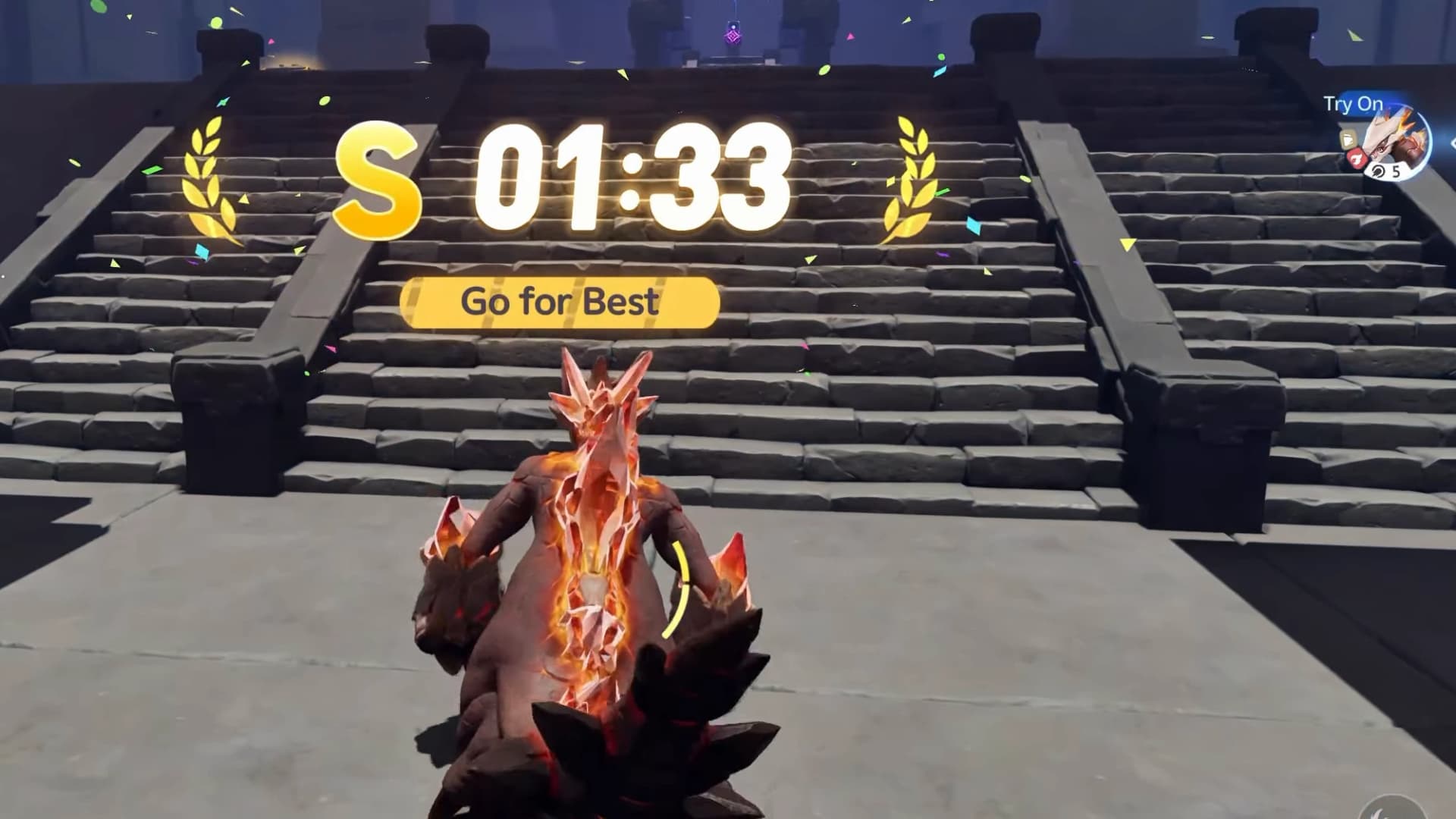 Shattering Stone finish-line HUD showing S grade at one minute thirty-three seconds