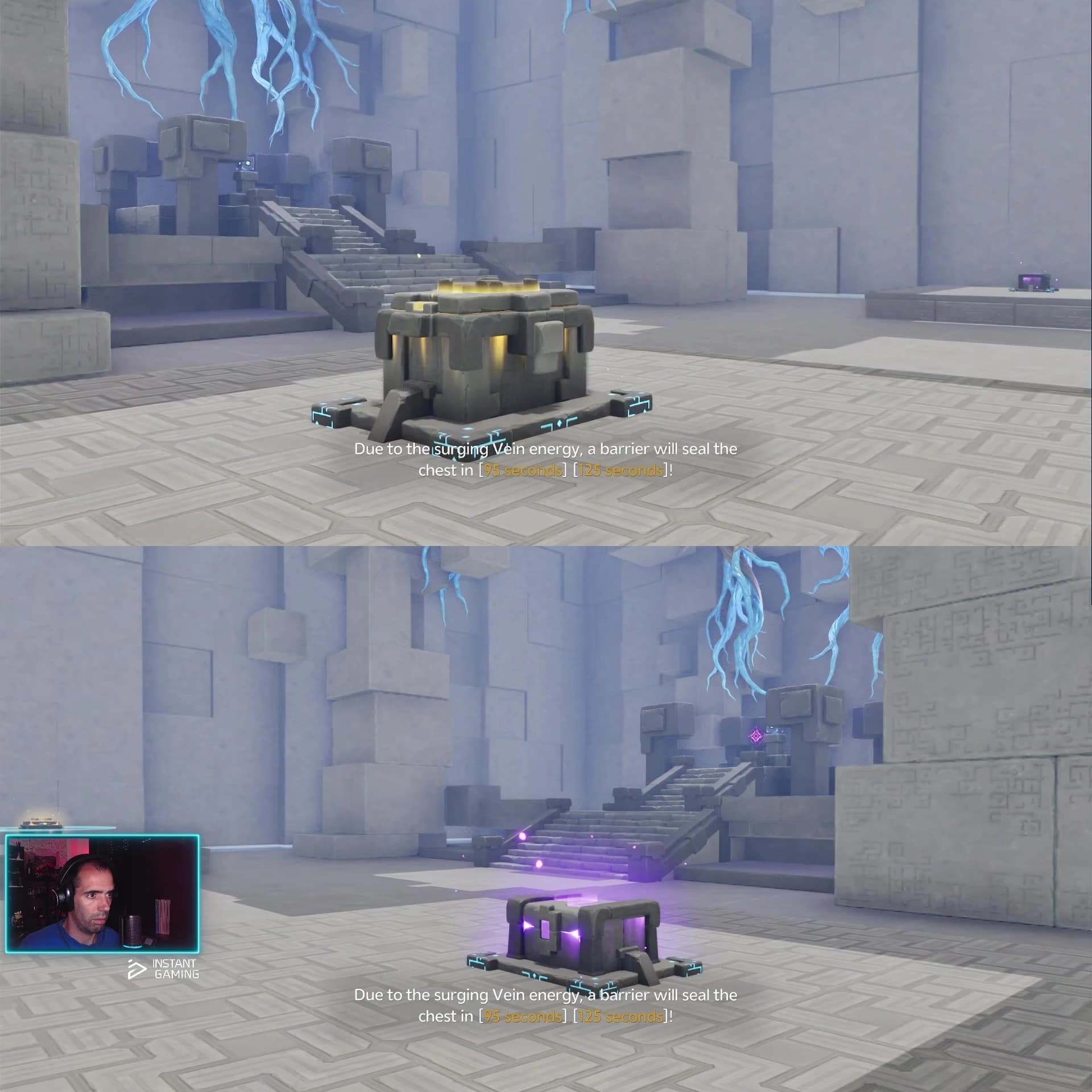 Gold and purple Shattering Stone finish-room chests shown with the 95-second and 125-second barrier warning