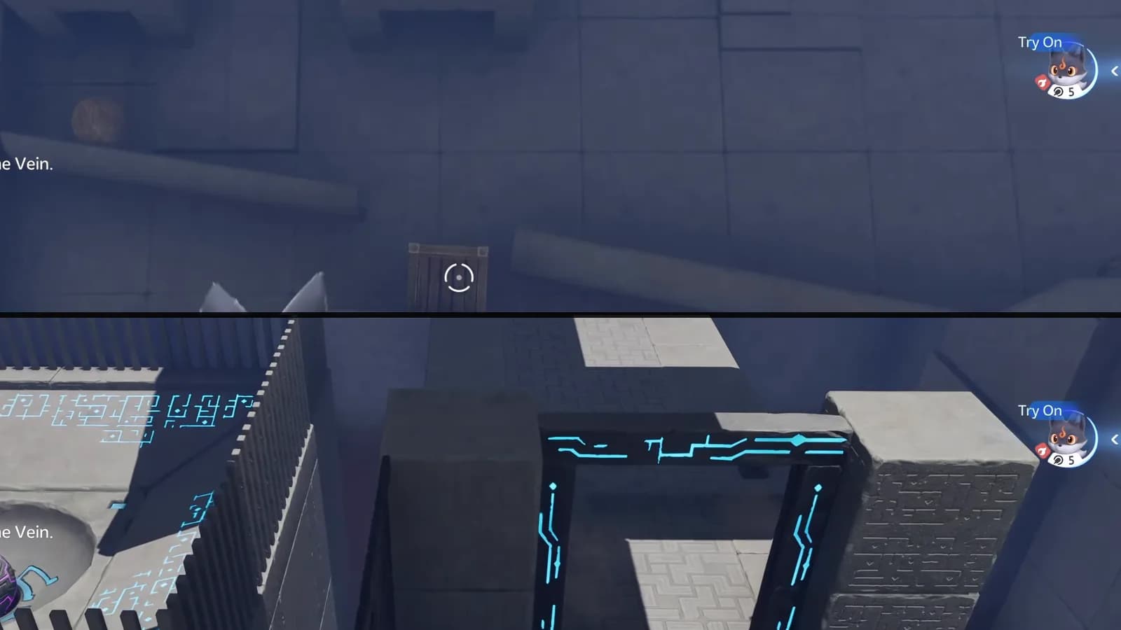 Fixed high wooden box before burning and the separate large purple ball on its cyan pad afterward