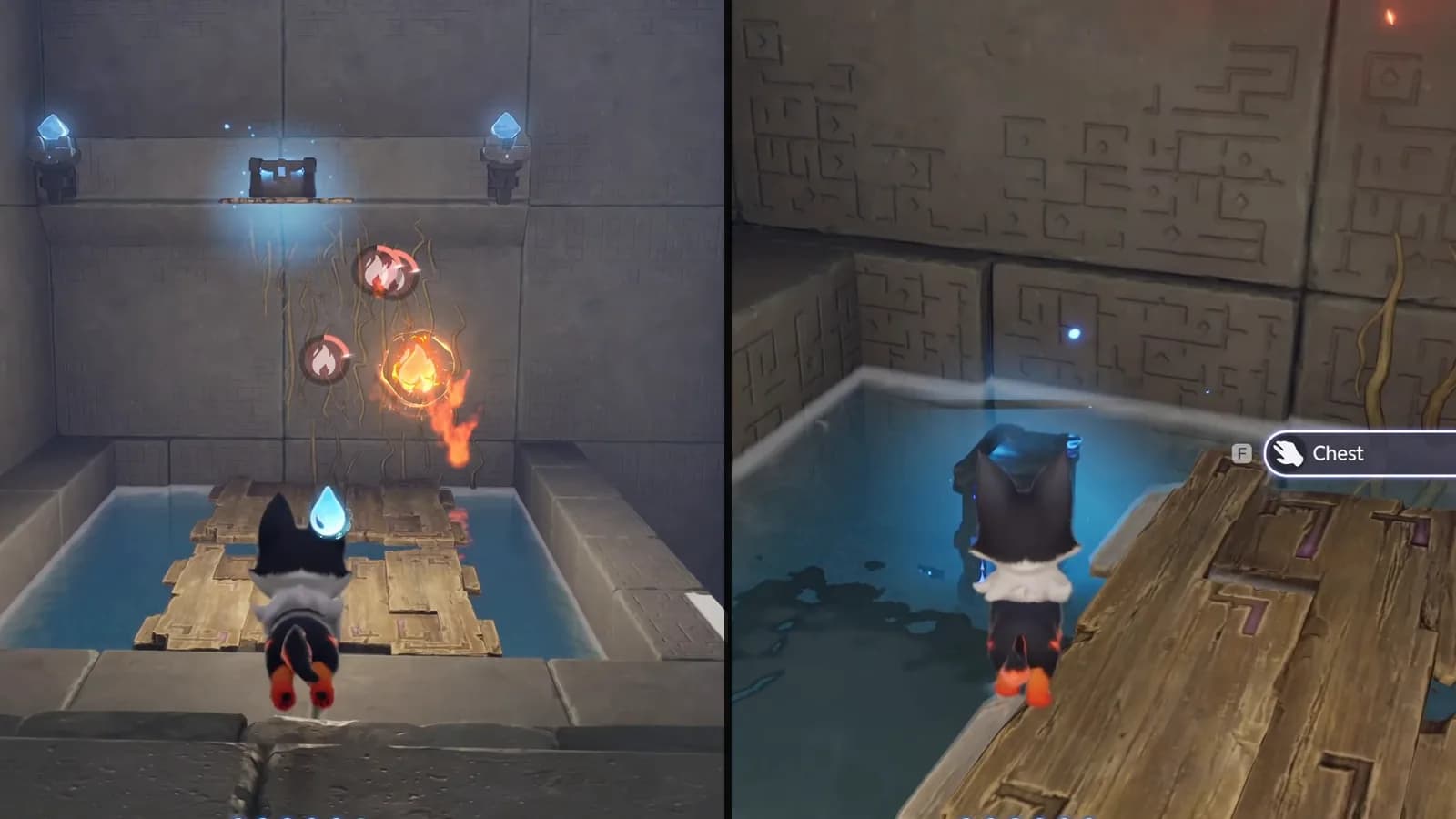 Flame-marked wall vines burning beneath chest 1 while existing wooden planks span the water
