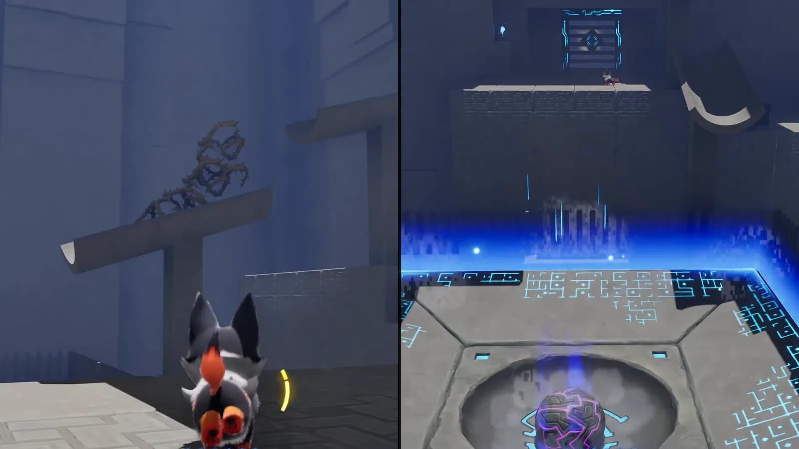 First thorn-braced tilted beam before burning and its large purple ball seated on the cyan pad afterward
