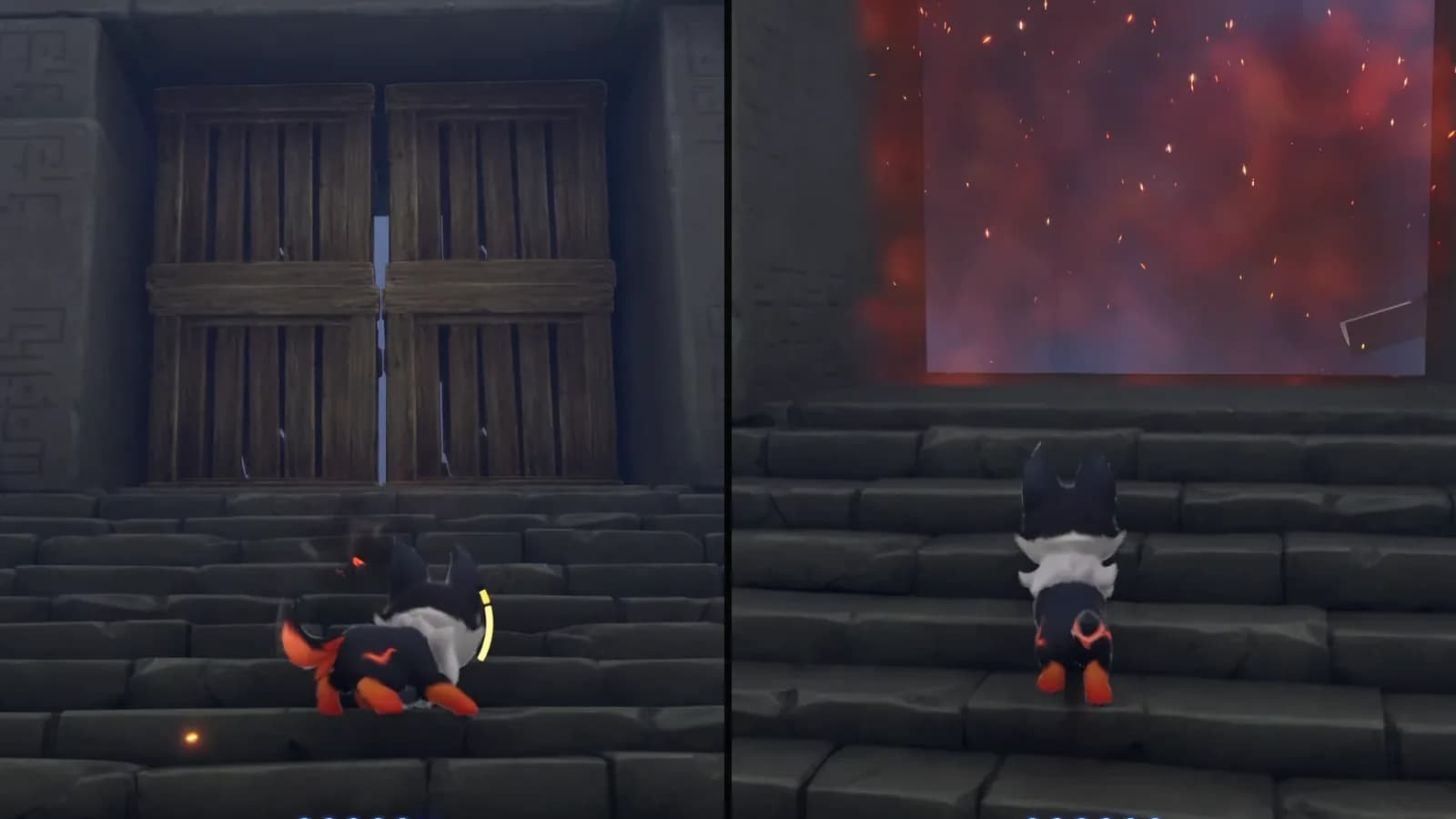 Slatted opening gate burning away before the player advances along the stone route
