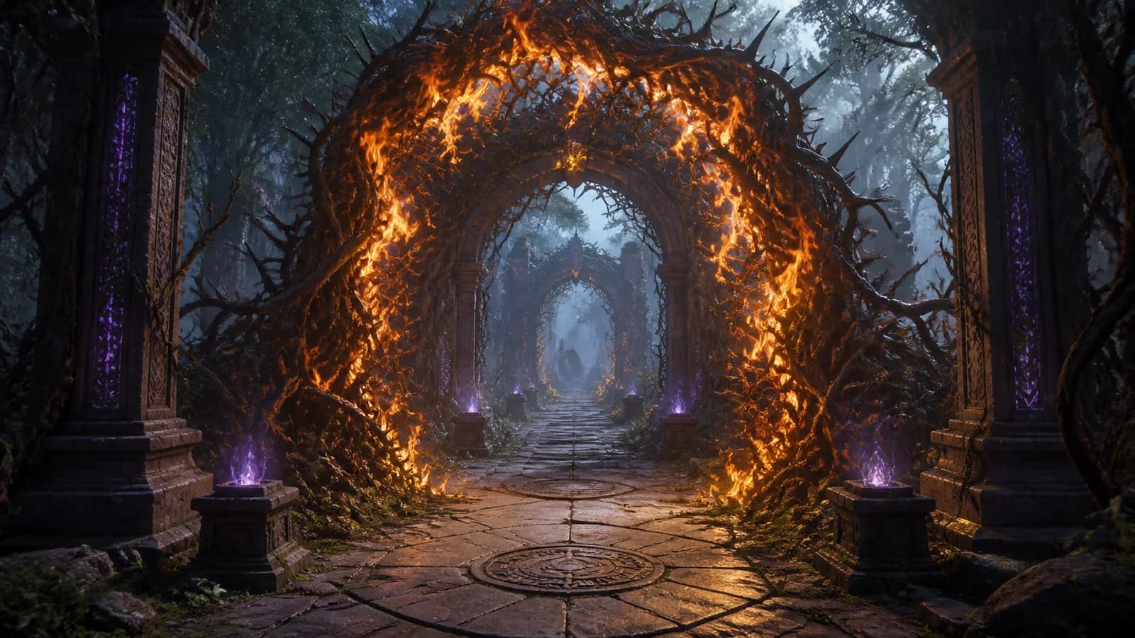 Ancient stone path opening through luminous thorns as controlled flames clear a safe route