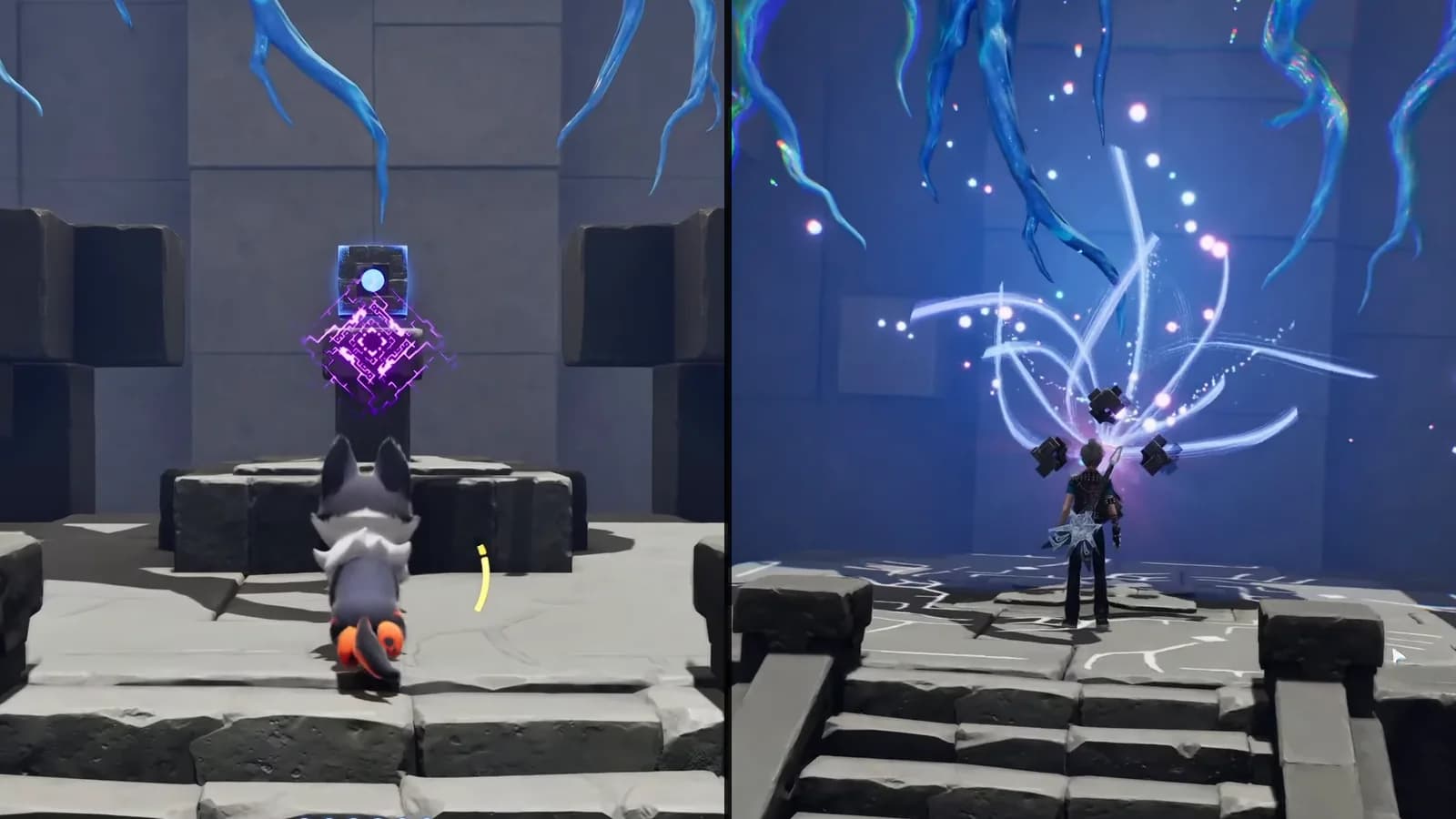 Square Sanctum Terminus before interaction and the blue Vein-restoration effect afterward
