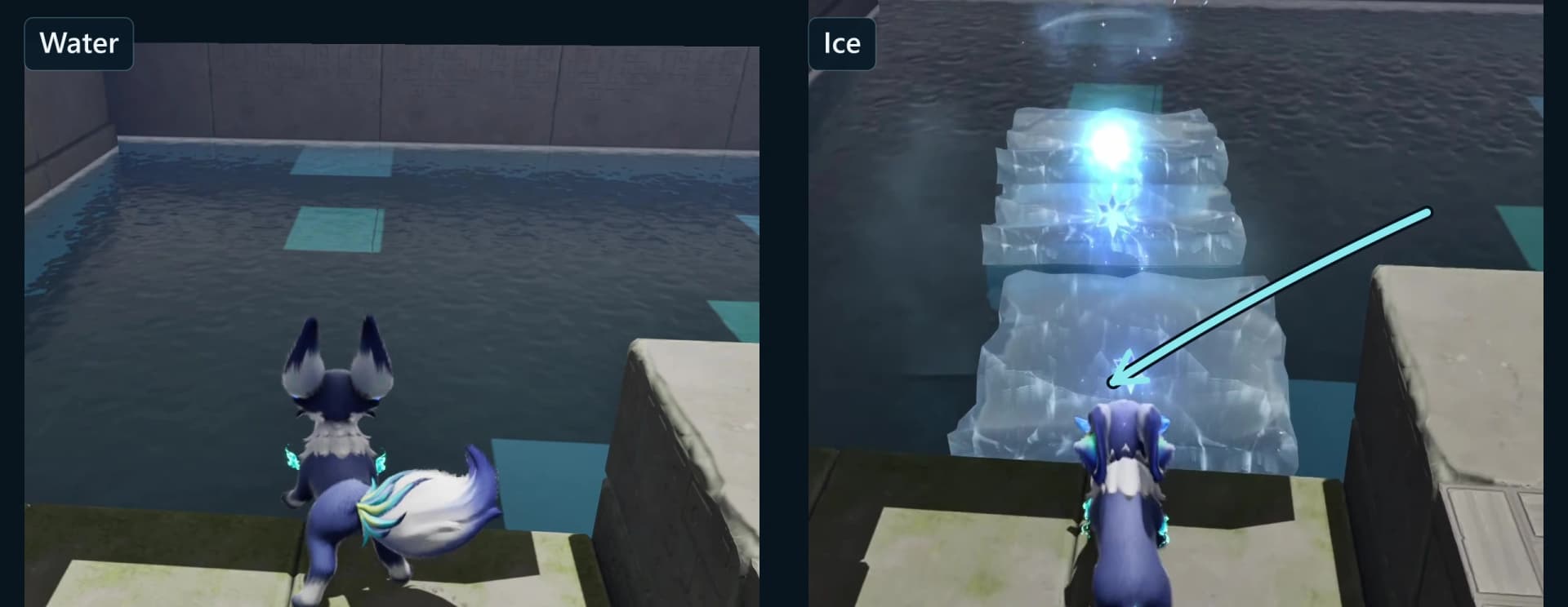 Balance chamber before and after Fenrier generates a set of complete ice blocks from the marked pool