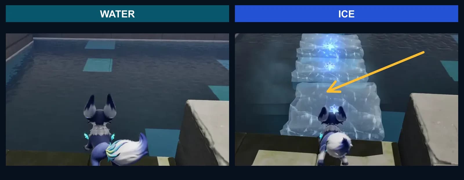 Final room before and after Fenrier generates a set of complete ice blocks from the marked pool