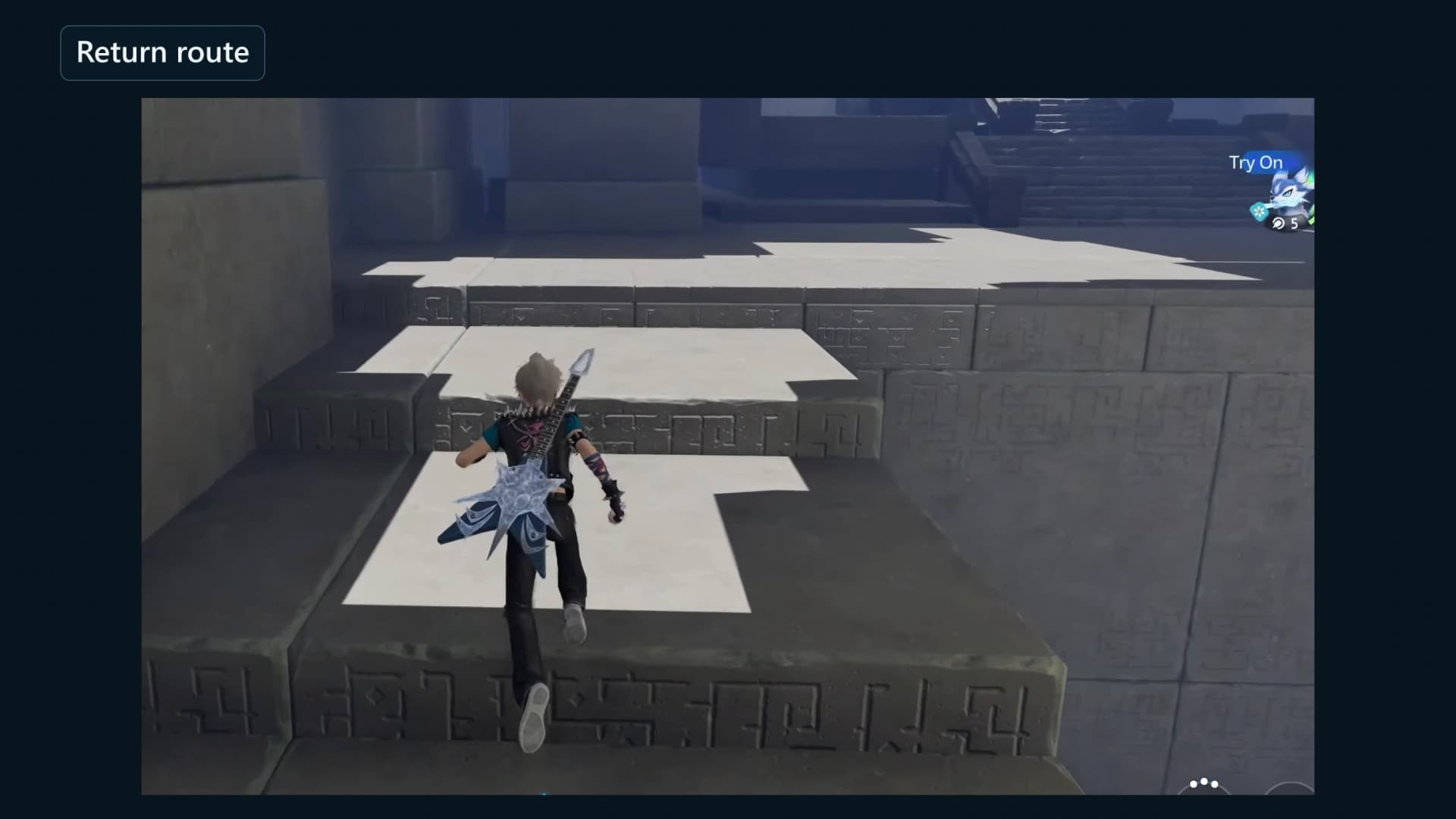 Pathfinder following the ordinary stone ledges toward the final Sanctum Terminus after chest 3