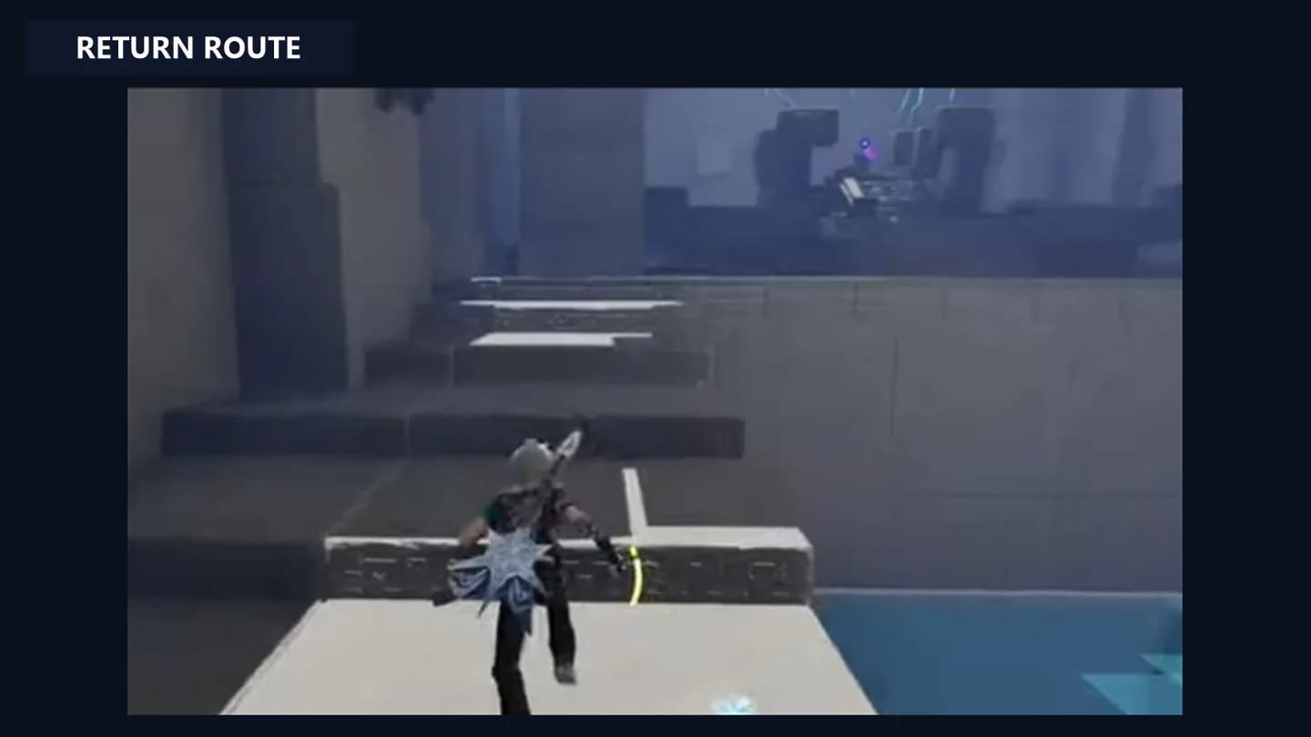 Pathfinder following the ordinary stone ledges toward the final Sanctum Terminus after chest 3
